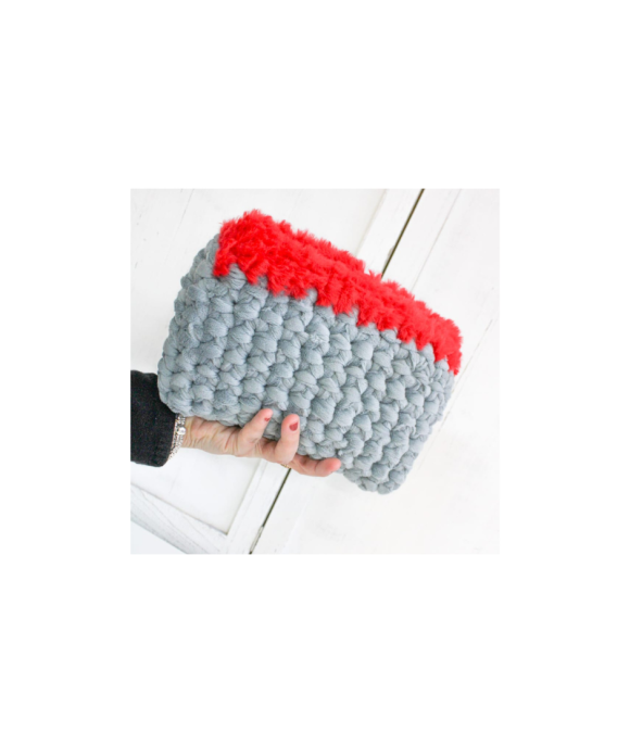 Clutch bag in gray velvet and red chenille