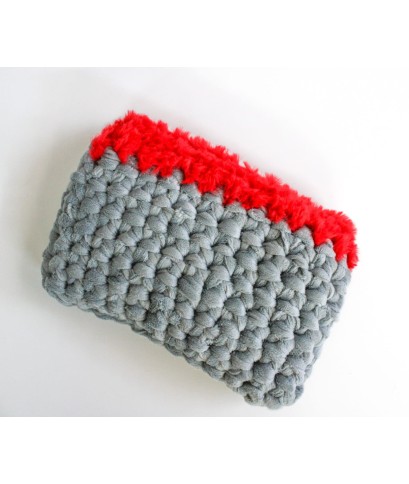 Clutch bag in gray velvet and red chenille