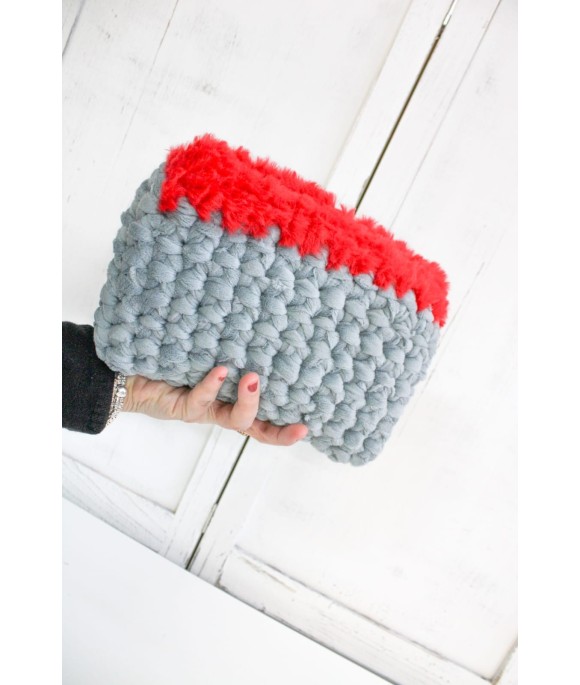 Clutch bag in gray velvet and red chenille