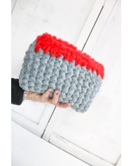 Clutch bag in gray velvet and red chenille