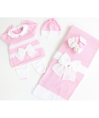 Set Doppia Fascia con Fiocco Grana Cotone Rosa / Bianco