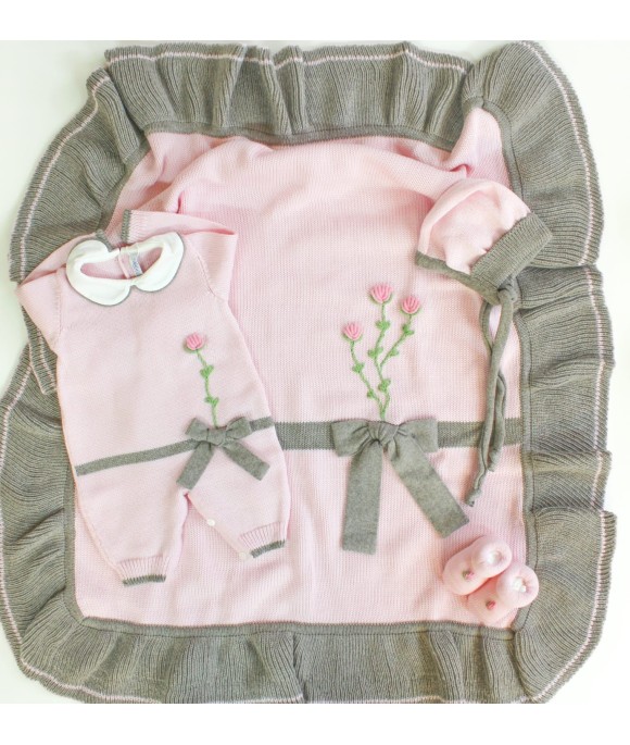 Set Fiocchetto con Rose Lana 2 taglia 3 mesi