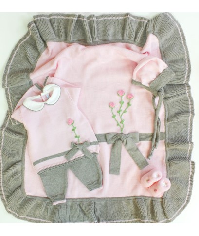 Set Fiocchetto con Rose Lana taglia 3 mesi