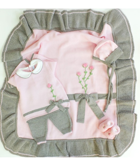 Set Fiocchetto con Rose Lana taglia 3 mesi