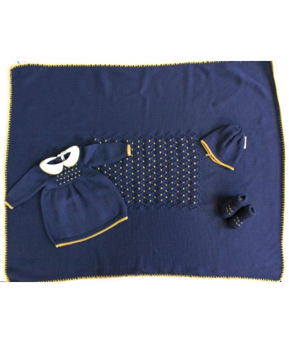 Set Punto Smock Blu / Ocra Lana taglia 1 mese