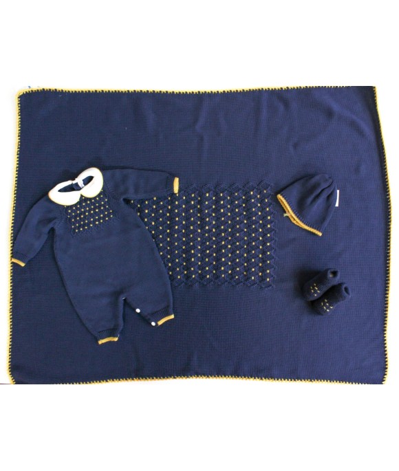 Set Punto Smock Blu / Ocra 2 Lana taglia 1 mese en