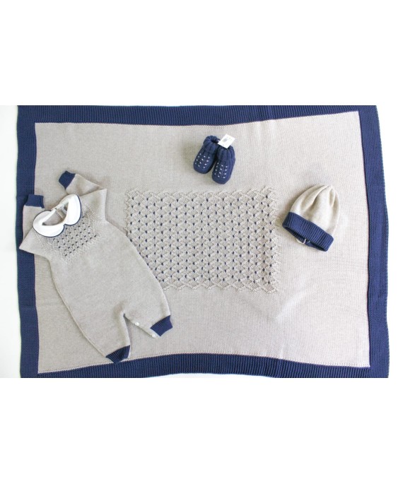 Set Punto Smock Miele / Blu Lana taglia 1 mese en