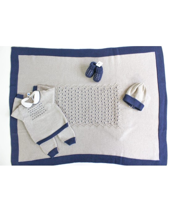 Set Punto Smock Miele / Blu 2 Lana taglia 1 mese en