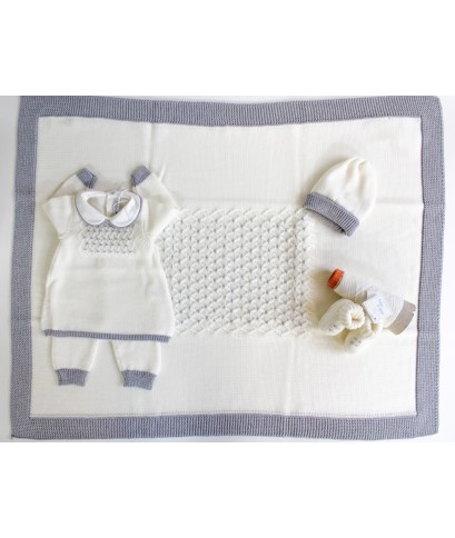 Set lana ricamo punto smock - bianco ricamo grigio §36