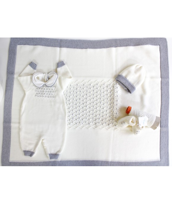 Set Lana Ricamo Punto Smock (con tutina) Bianco Ricamo Grigio §37