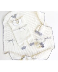 Set lana ricamo punto smock (con tutina) bianco ricamo grigio