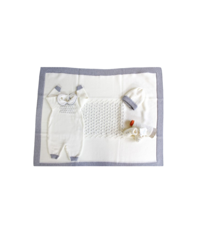 Set Lana Ricamo Punto Smock (con tutina) Bianco Ricamo Grigio §37